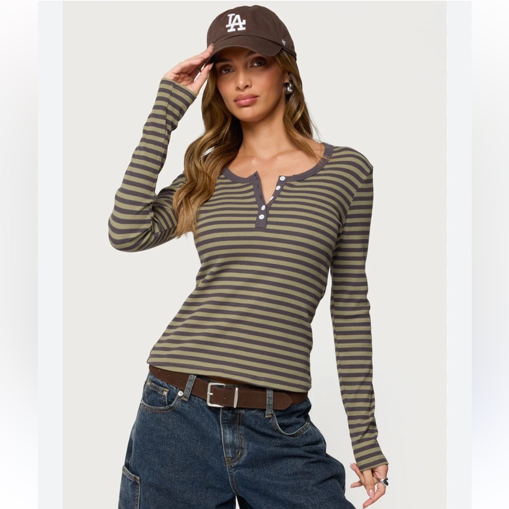 Edikted Roma Green Striped Long Sleeve Henley Top
